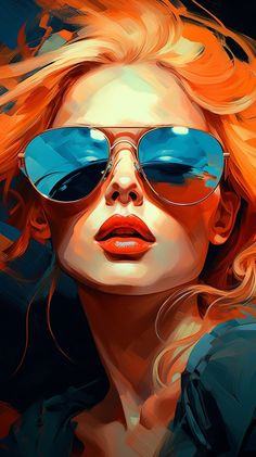 a painting of a woman with sunglasses on her face and long blonde hair, wearing blue tinted glasses