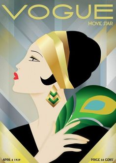 an art deco poster featuring a woman with a peacock mask on her head and the words, voge movie star