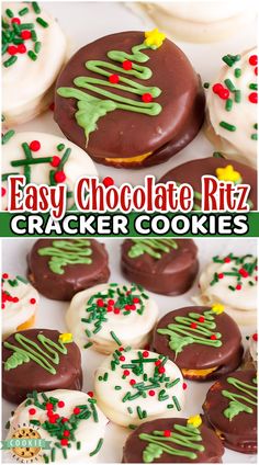 easy chocolate ritz cracker cookies with white frosting and sprinkles