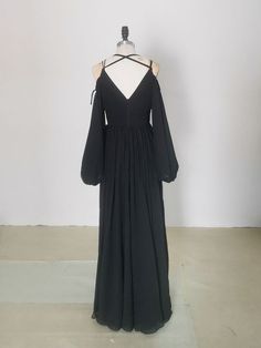 Formal Black A-line Maxi Dress, Black Fitted A-line Evening Dress, Black A-line Cocktail Evening Dress, Black V-neck Banquet Dress, Black A-line Dress For Wedding, Black A-line Wedding Dress, Black V-neck Maxi Dress For Wedding, Black Chiffon Long Sleeve Maxi Dress, Black Long Sleeve Chiffon Maxi Dress