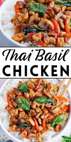 thai basil chicken in a bowl with rice and vegetables