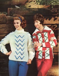 "Zig Zag Zoom! is a set of 1960s women's vintage pullover and cardigan sweater patterns from Columbia Minerva booklet 747. ★ Women's pullover sweater sizes: * Bust 32 - 34\" * Bust 36\" * Bust 37 - 39\" Gauge: * 14 st = 4\" in Pattern Stitch ★ Women's cardigan sweater sizes: * Bust 34\" * Bust 35.5\" * Bust 37\" * Bust 39\" Gauge: * 14 st = 4\" in Stockinette Stitch ★ This pattern is a digital download and is delivered to you immediately upon receipt of payment. ★ Sale! 2 patterns for $7 with co Knitting Jumper, 60s Vintage Fashion, Fair Isle Jumper, Cardigan Sweater Pattern, Fair Isle Pullover, Crochet Baby Jacket, Jumper Pattern, 1960s Dresses, Sweater Patterns