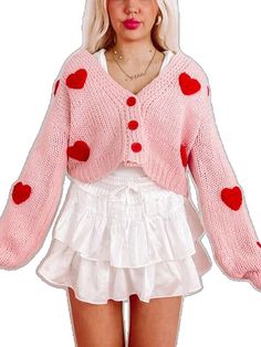 Heart-shaped Spring Sweater, Cute Pink Heart Print Sweater, Pink Heart Print Sweater For Valentine's Day, Sweet Pink Cardigan For Fall, Cute Red Spring Sweater, Pink Heart-shaped Valentine's Day Sweater, Cute Red Spring Cardigan, Pink Heart Sweater For Spring, Trendy Heart Print Sweater For Valentine's Day