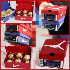 four pictures show different boxes with chocolates in them, and one has a jordan logo on it