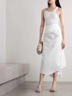 Though minimal from the front, A.W.A.K.E. MODE's pencil skirt has elongated draping at the back that will garner attention. It's cut for a close fit from crisp cotton-blend poplin and designed to sit high on the waist. White Skirts, Jeans Dress, Net A Porter, Women Collection, Denim Dress, Jacket Dress, Luxury Design, Pencil Skirt, Midi Skirt