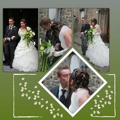 a collage of photos showing the bride and groom