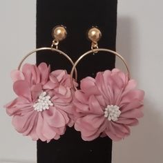 Fashion Jewelry, Dangling Earrings With Cloth Flowers And Center Beading. Gold Colored Metal. Approximately 3" In Length And 2" In Width, Dusty Rose Color. Flower Shaped Hoop Earrings For Party, Elegant Flower Shaped Hoop Earrings For Parties, Elegant Flower Beaded Earrings, Round Flower Earrings For Parties, Spring Party Beaded Earrings With Flower Shape, Spring Flower-shaped Beaded Earrings For Party, Spring Party Flower-shaped Beaded Earrings, Spring Party Jewelry, Elegant Adjustable Flower Shaped Beaded Earrings