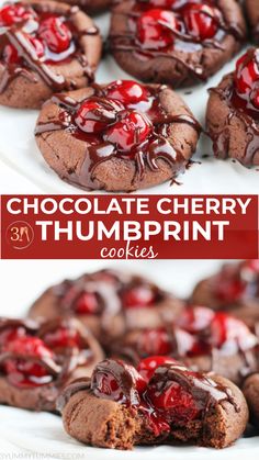 chocolate cherry thumbprint cookies are on a white plate