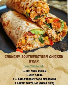 a wrap is cut in half and sitting on a plate with the words crunchy southwestern chicken wrap