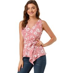 This classic sleeveless peplum top is given a mesmerizing effect with the asymmetrical hem, tie waist detailing. There are many colors, patterns and prints, you can wear from Mondays to Sundays by pairing them with your favorite casual and semiformal bottoms. The sleeveless design also provides arms comfort without overheating. Pair this asymmetric hem top with your skinny jeans for a charming look. Spring V-neck Stretch Wrap Top, Feminine V-neck Peplum Top For Spring, Chic V-neck Floral Print Tank Top, Multicolor Floral Print V-neck Top, Pink Floral Print V-neck Camisole, Sleeveless Peplum Top, Asymmetrical Hem Top, Hem Style, Pink Tank Top