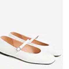 Flat White Mary Janes, Squared Toe. Leather Is Slightly Glossy. New Condition, Never Worn. White Medium Width Flats, Chic White Ankle Strap Flats, White Mary Janes, Leopard Loafers, Suede Ballet Flats, Snake Leather, Pointy Toe Flats, Flat White, Brown Flats