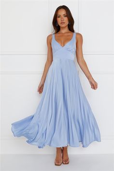 Length from shoulder to hem of size S: 115cm. Chest: 38cm. Waist: 31cm. across front only of size S. Maxi dress. Lined. Model is a standard XS and is wearing size XS. True to size. Non-stretch. Satin. Flowy skirt. Pleated design. Open back with elastic details. V-neck. Zipper.  Cold hand wash only. Polyester. The perfect dress for summertime events. The Dazzling Opulence Maxi Dress features a flowy. pleated skirt. a V-neck and an open back with elastic details. Style it with heels and curls for a look we love. Light Blue V-neck Maxi Dress For Spring, Blue Flowy V-neck Casual Dress, Spring Light Blue V-neck Maxi Dress, Flowy Blue V-neck Maxi Dress, Light Blue V-neck Maxi Dress For The Beach, Skirt Pleated, Stretch Satin, Flowy Skirt, Maxi Dress Blue