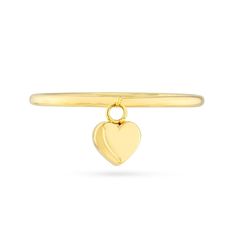 Romance is in the air, and on their finger, with this dainty dangle heart ring. 14K gold Slender polished band A petite heart dangles at the center 14k Gold Stackable Rings With Heart Charm, Dainty 14k Gold Stackable Rings With Heart Charm, 14k Gold Heart Ring With Charm, Dainty Yellow Gold Ring With Heart Charm, Gold Stackable Rings With Heart Charm In 14k Gold, Yellow Gold Heart Charm Ring Fine Jewelry, Fine Jewelry Yellow Gold Heart Ring With Charm, Yellow Gold Heart Ring With Charm, Fine Jewelry, Elegant Yellow Gold Heart Ring With Charm