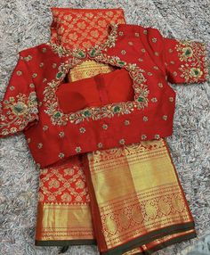 Maggam Work Boat Neck Blouse Designs Latest, High Neck Blouse Maggam Work, Back Blouse Work Designs, V Neck Work Blouse Designs, Maggam Work For Pattu Sarees, Red Maggam Blouse, Glass Work Blouse Design, Red Embroidered Blouse, Back Blouse Neck Designs