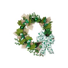 a green and white wreath with shamrocks on it