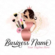 a woman in a dress holding makeup brushes and a pink bag with the words business name your tagline here