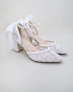 "Crochet Lace Wedding Shoes Collection. Classic and refined almond toe crochet lace with added pearls strap details. Choose from pearl/gold, pearl/silver, or all pearls ankle straps to match with your bridal look. The luminous pearls makes this a classy and elegant shoes for wedding, evening wear, or romantic date. DETAILS: HEEL HEIGHT: 2.75 inches COLORS AVAILABLE: Ivory, White and Light Blue UPPER: Synthetic upper and lining MATERIALS: Manmade outsole STYLE NAME: ABBY  SIZE FIT: RUNS LARGE  Not sure of which size to purchase? Shoes measurements are as follow: (Please note measurements taken the length of inside of shoe from toe to heel) SIZE 5 - 9.25\" SIZE 6 - 9.75\" SIZE 7 - 10\" SIZE 8 - 10.25\" SIZE 9 - 10.50\" SIZE 10 - 10.75\" SIZE 11 - 11\" - We DO NOT offer refunds.  Selected ite Shoes Block Heels, Lace Wedding Shoes, Bridesmaids Shoes, Shoes For Wedding, Wedding Shoes Sandals, Ivory Bridal Shoes, Women's Slip Ons, Wedding Shoes Lace, Bridal Heels