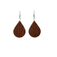 Wood earrings in a teardrop shape engraved with a fun pattern handcrafted from wood in the USA in a small father and daughter wood shop in Northern California.Nickel Free Wire HooksWood is sealed - lightly coated with a a clear finish.1.5" x 1" x .13" thickThis is not the exact pair of dangle hook earrings that will be shipped. Wood grain and coloring will vary with each piece. Our redwood earrings and necklaces are made out of salvaged California Redwood. No trees were harvested or cut to produce this necklace or any of our redwood jewelry. Coaster Crafts, Wood Keychain, Father And Daughter, Sign Stencils, Candle Box, Wood Ornaments, Wood Earrings, Hat Pins, Wood Jewellery