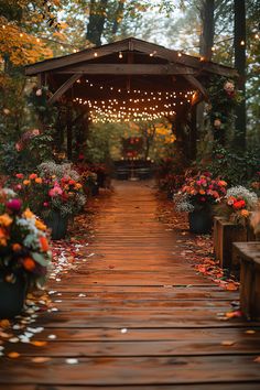 a wooden walkway lined with potted plants and lights hanging from the ceiling over it