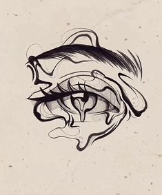 an ink drawing of a fish in the middle of it's mouth and eyes