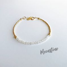 This beautiful moonstone gemstone bracelet is handcrafted with 4mm natural moonstone beads. The gold beading is done with high quality Japanese Miyuki Duracoat delica seed beads. The larger round gold beads are 14k gold filled for lasting quality. A 14k gold filled spring clasp completes the look. It's the perfect bracelet for layering or wearing all on its own! It's simple, yet elegant design makes it a great option for every day wear. This bracelet can be purchased in either 14k gold filled or Moonstone Properties, Leather Jewelry Bracelet, Bracelet For Women Gold, Chakra Energy, Meditation Bracelet, Energy Bracelets, Beads Bracelet Design, Moonstone Bracelet, Moonstone Beads