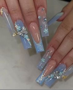 Cinderella Quinceanera Nails, Cinderella Themed Nails, Blue Cinderella Nails, Quince Nails Blue, Cinderella Nails Designs, Elegant Prom Nails, Nails Ideas Blue, Cinderella Nails