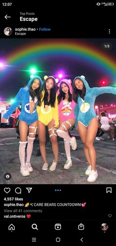 the girls are posing in their bathing suits with rainbow lights behind them and an instagram