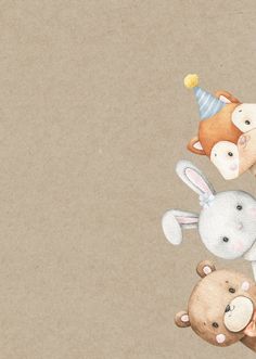 an illustration of three stuffed animals on top of each other with a party hat on