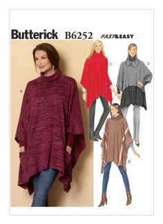 "Butterick Pattern B6252 Pullover poncho has cowl-neck variations, and stitched hem. A: Patch pockets. B: Contrast cowl. C: Snap closing on collar. C, D: Seam detail and inset pockets. D: Contrast and open collar. For moderate stretch knits only. Designed for medium-weight moderate stretch knits. FABRICS: Ponte Knit, Sweater Knits. NOTIONS: C: Two 3/4\" - 1\" Snaps. Uncut and factory folded.  The envelope has light shelf wear  SHIPPING:  Shipping charges will apply to the first pattern purchased Poncho Pattern Sewing, Knit Wrap Pattern, Women's Sewing Pattern, Cowl Neck Poncho, Womens Poncho, Ladies Poncho, Poncho Pattern, Butterick Pattern, Butterick Sewing Pattern