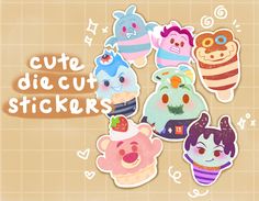 cute die cut stickers are displayed on a tiled background with the words cute die cut stickers above them