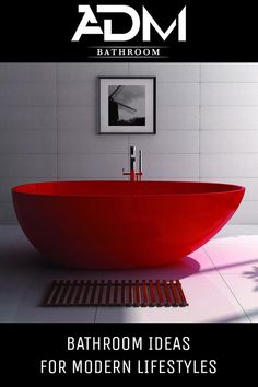 Bright red freestanding bathtub from ADM Bathroom®.  Bathtub is featured in a modern bathroom with large white tiling and marble flooring. Ceiling Bathroom Lighting, Modern Dining Room Interior, Freestanding Bathtubs, Stone Bathtub, Bathroom Furnishings, Freestanding Tub, Gothic Home, Bathroom Inspiration Decor, Bathroom Trends