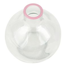 an empty glass bottle with a pink ring on it