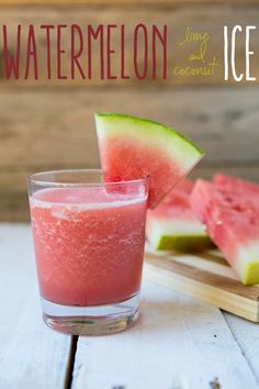 a watermelon drink and slices of watermelon on a cutting board