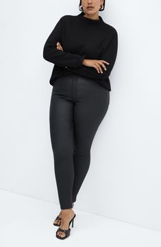 A waxed coating creates a sleek, leather-like look on stretchy, figure-hugging jeans made with a high waist and full-length legs. 29" inseam Zip fly with button closure Five-pocket style 77% cotton, 20% polyamide, 3% elastane Machine wash, line dry Imported Sleek Mid-rise Leather Pants For Fall, Sleek High-rise Leather Pants, Sleek Mid-rise Leather Pants For Work, Fitted Faux Leather Jeans For Work, Straight Leg Faux Leather Jeans For Work, Sleek High Rise Stretch Leather Pants, Sleek Stretch High Rise Leather Pants, Sleek Stretch High-rise Leather Pants, Faux Leather Straight Leg Jeans For Work