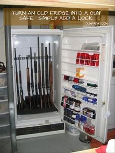 turn an old fridge into a gun safe, just add a lock *no one would check here Old Refrigerator, Hidden In Plain Sight, By Any Means Necessary, Hidden Storage, The Door, Arsenal, Man Cave, Lockers, Just In Case