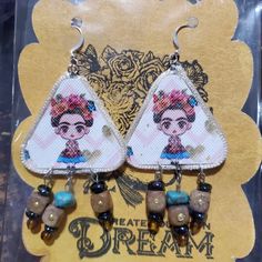 Triangle Form With Kahlo Image And Beads On Bottom Edge Artisan Beaded Metal Earrings For Gift, Artisan Beaded Earrings For Gift, Artisan Nickel Free Beaded Earrings Gift, Plastic Crafts, Fun Earrings, Earrings Color, Cross Stitch, Handmade Jewelry, Jewelry Earrings