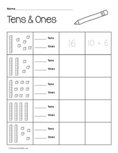 the ten and ones worksheet is shown with a pencil on top of it