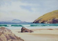 a watercolor painting of the beach with rocks and mountains in the background