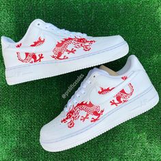 Red Dragon custom painted on all white AF1. Painted with water resistant and non cracking leather paint. Luxury Red Custom Sneakers With Nonskid Markings, Custom White Sneakers With Waterproof Paint, Casual Red Custom Sneakers With Waterproof Paint, Casual Red Sneakers With Custom Artwork, Red Waterproof Paint Custom Low-top Sneakers, White Custom Sneakers With Waterproof Paint For Sports, White Custom Leather Sneakers With Waterproof Paint, White Leather Custom Sneakers With Waterproof Paint, Red Custom Sneakers With Artwork