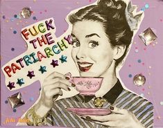 a painting of a woman holding a pink cup and saucer with the words, flick the patracch on it