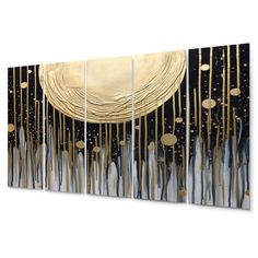 an abstract painting with gold and black paint on the canvas, it looks like they are floating