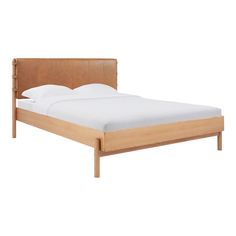 a wooden bed frame with white sheets and pillows on it's headboard, against a white background