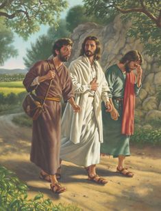 jesus walking with two young children on a path in front of some trees and rocks