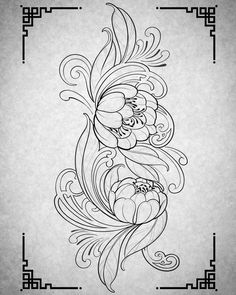 an ornate design with flowers and swirls in black ink on white paper, against a gray background