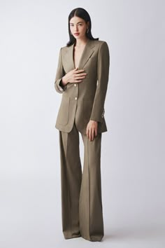 Crafted with the finest quality materials, these pants provide a comfortable and stylish fit. The ribbed texture adds a touch of elegance, making them the perfect addition to any wardrobe. Trouser Ideas, Wedding Suits For Bride, Casual Leather Jacket Outfit, Lady Suits, Office Suit, Leather Jacket Outfits, Jacket Outfit, Ribbed Texture, Moss Green