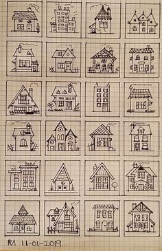 a sheet of lined paper with drawings of houses on the front and back sides, all drawn by hand