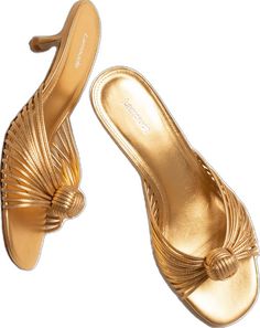 Gold Mules With 4-inch Heel For Party, Glamorous Gold Mules With Open Heel, Glamorous Gold Mules For Spring, Glamorous Gold Open Heel Mules, Chic Gold Mules For Cocktail, Gold High Heel Mules For Cocktail, Chic Gold Mules For Cocktail Occasions, Chic Gold Mules, Chic Gold Mules With Padded Heel