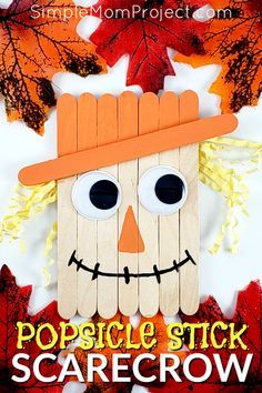 popsicle stick scarecrow craft for kids to make with fall leaves and pumpkins