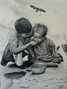 two children sitting on the ground eating food from a bowl with an eagle flying above them