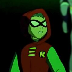 a cartoon character with green eyes and a red hoodie